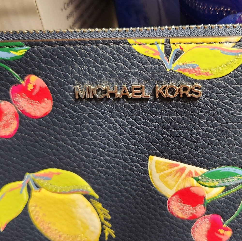 (SOLD) Michael Kors Jet Set Travel Large Sequined Fruit Print Wristlet - Picture 2 of 8